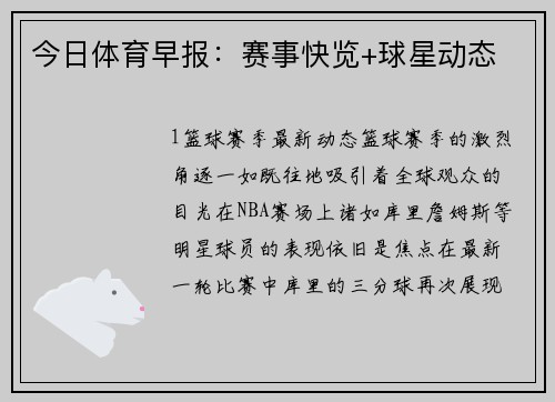 今日体育早报：赛事快览+球星动态