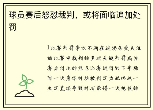 球员赛后怒怼裁判，或将面临追加处罚